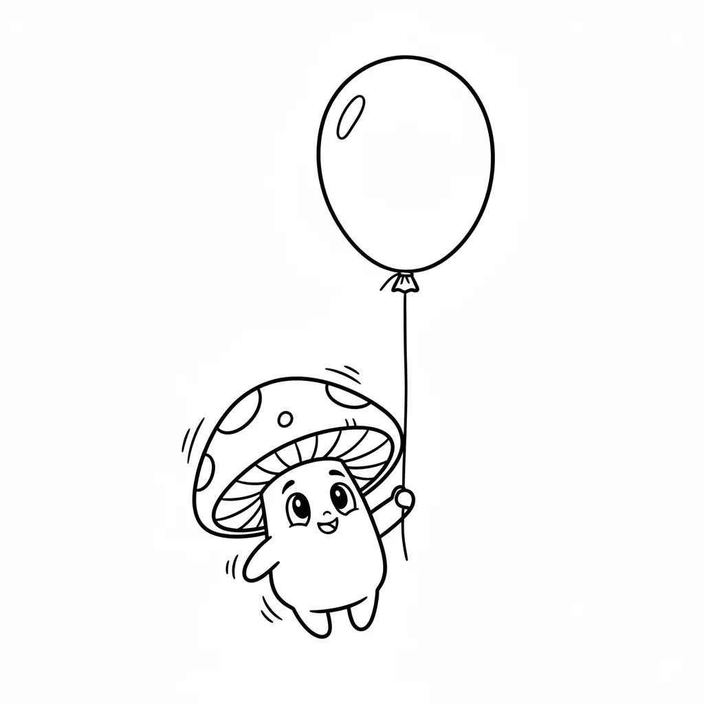 Line art coloring page showing a cheerful mushroom character floating slightly while holding a large balloon.