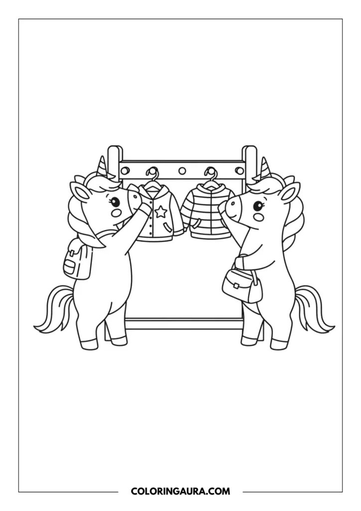 Line art coloring page showing two cute unicorns in a school locker room getting ready for sports class. The unicorn on the left wears a backpack and hangs up a star-patterned jacket, while the unicorn on the right holds a bag near the coat rack.