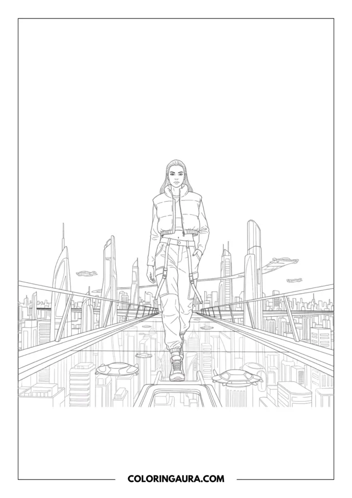 Line art coloring page showing a girl in a cropped puffer vest and strapped cargo pants walking across a transparent glass sky bridge. The scene overlooks a sprawling futuristic metropolis with sleek skyscrapers and flying vehicles in a clean outline style.