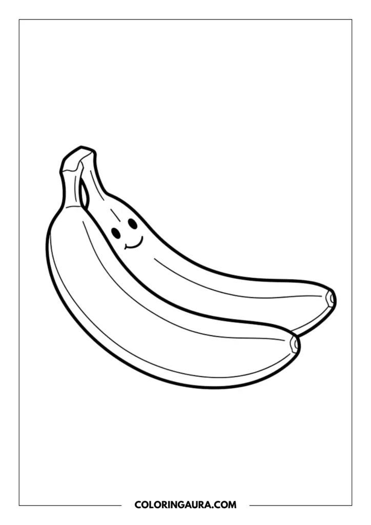 Line art coloring page showing a bunch of two ripe bananas, connected at the stem, with one banana featuring a cute smiling face.