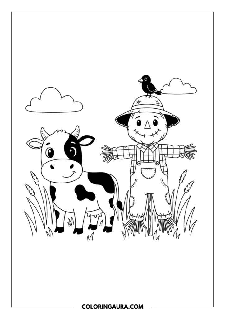 Line art coloring page showing a joyful little cow standing next to a friendly scarecrow. The scarecrow wears a patched hat, overalls, and a plaid shirt, with a little bird resting on top. Simple, clean outlines perfect for a dreamy farm journey.