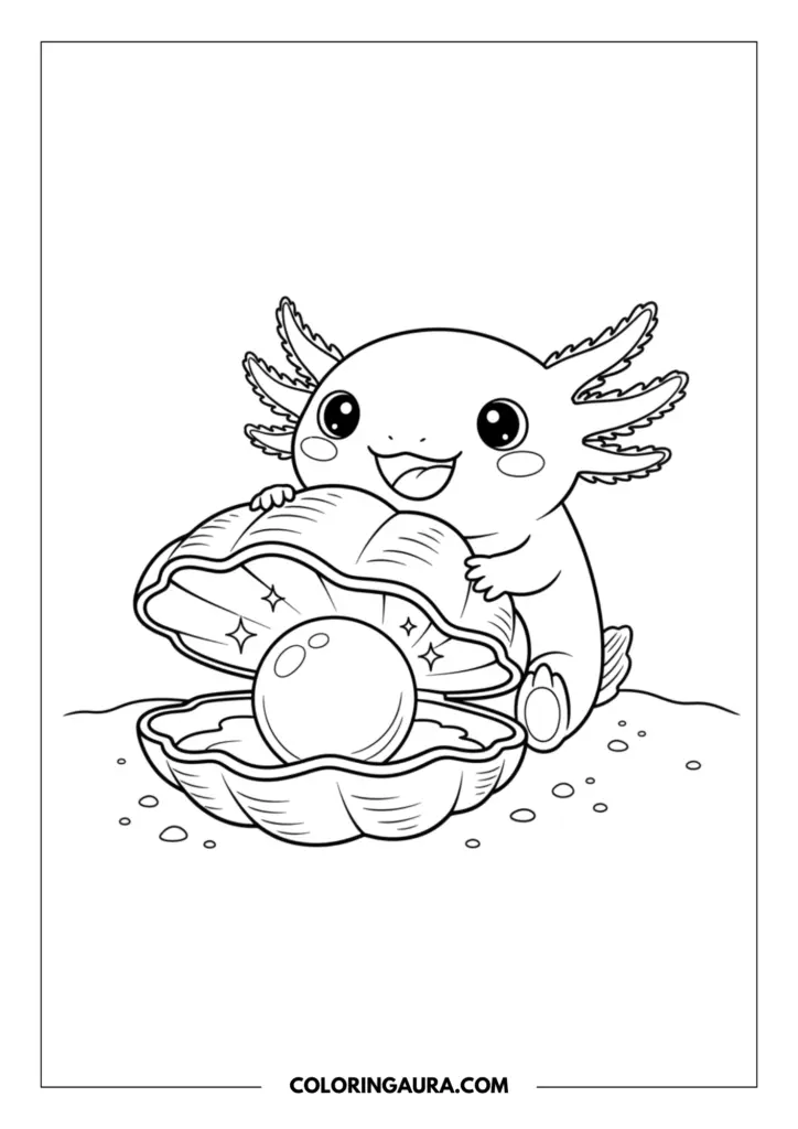 Line art coloring page showing an amazed axolotl opening a large clam shell to reveal a giant, shiny pearl inside.