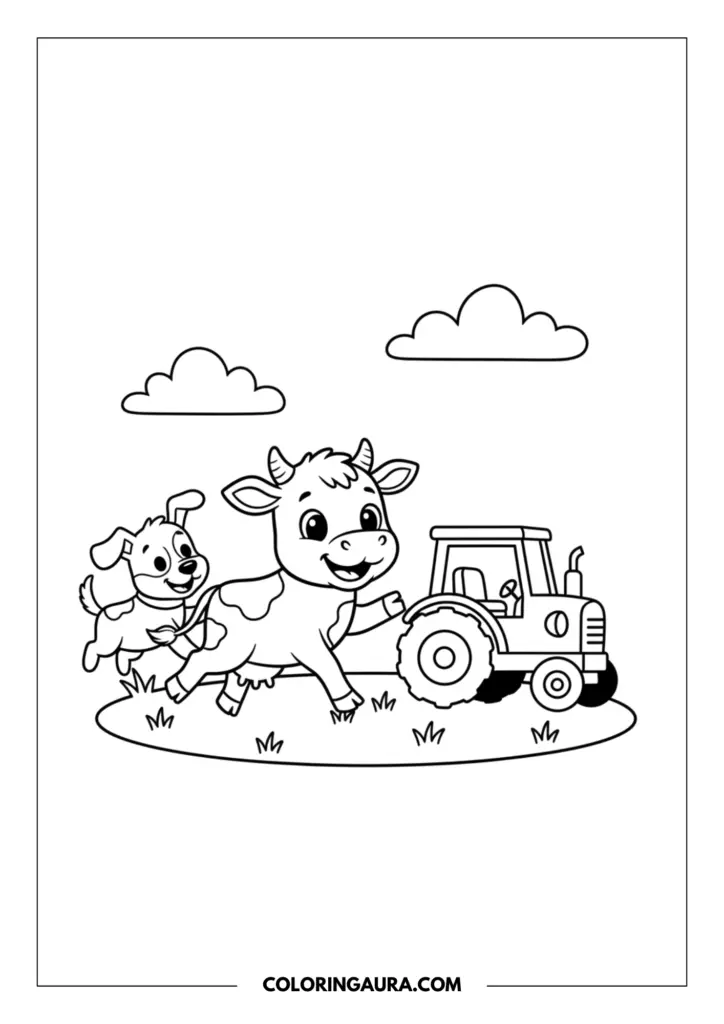 Outline of a playful little cow and a happy farm dog running together delightfully next to a classic farm tractor. Clean, simple black-and-white lines with fluffy clouds in the sky, perfect for an inspiring coloring adventure.