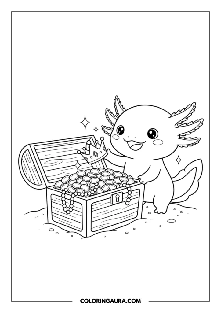 Line art coloring page showing a delighted axolotl holding a crown next to a wooden treasure chest overflowing with coins and jewelry.