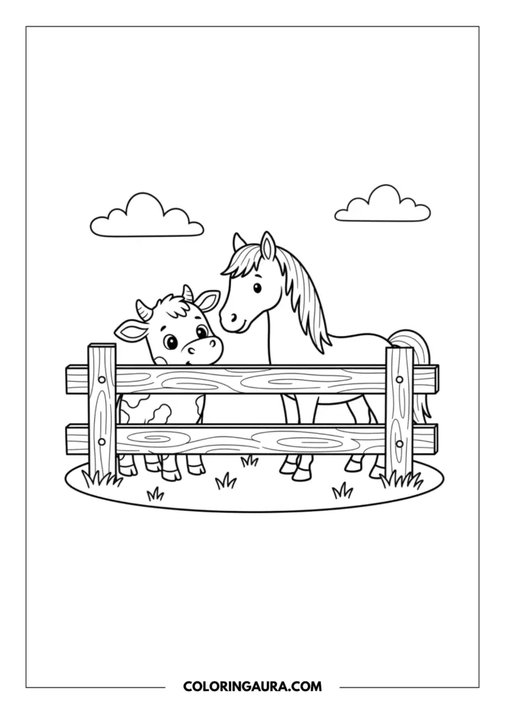 Line art coloring page showing a cute baby cow looking through a wooden fence to meet a gentle horse with a beautiful flowing mane. The background features simple clouds in a dreamy, shading-free vector style.