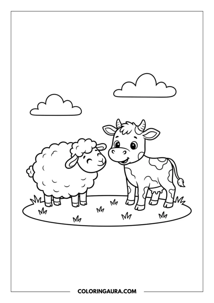 Outline of an adorable little cow standing nose-to-nose with a very fluffy, smiling sheep in a grassy meadow. Clean black-and-white lines capture this heartwarming and magical farm friendship perfectly.