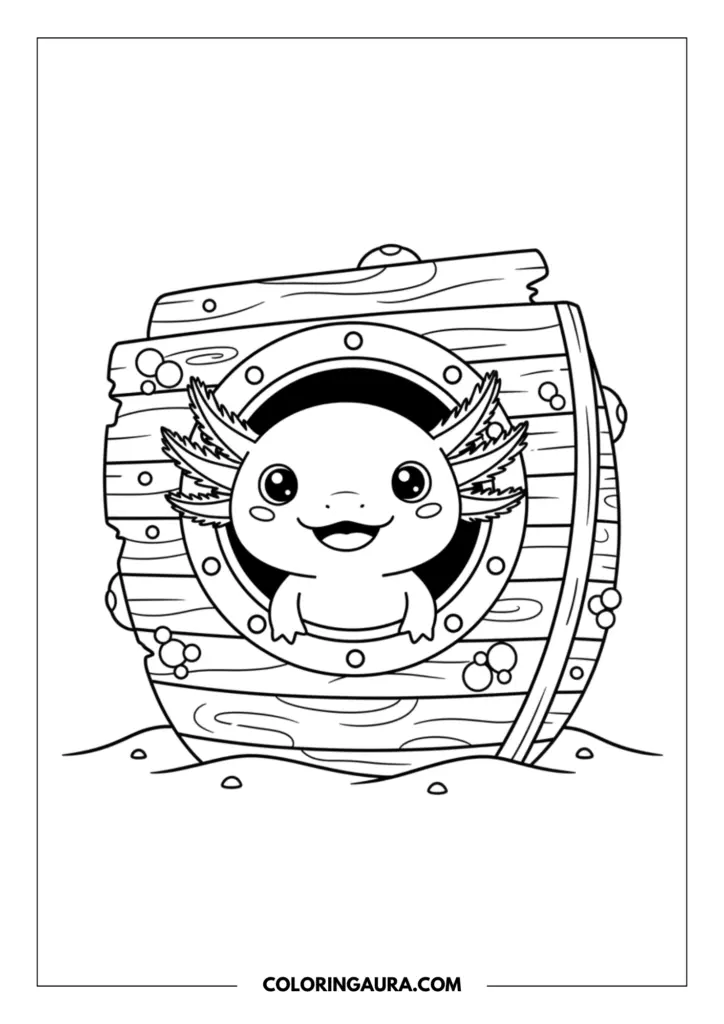 Line art coloring page showing a cute axolotl looking out from the round porthole of a sunken wooden ship.