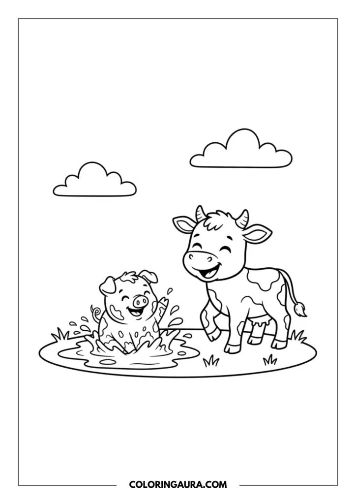 Line art coloring page showing a happy little cow laughing as a playful piglet splashes around in a muddy puddle. The scene features clean, bold outlines and fluffy clouds, perfect for a dreamy coloring experience.