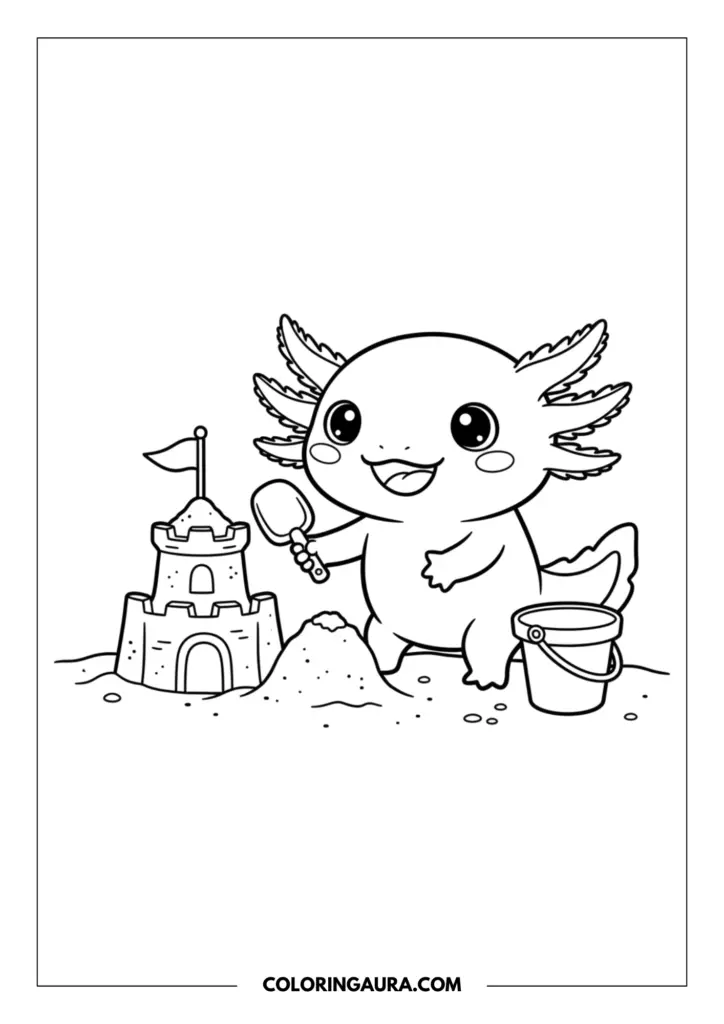 Line art coloring page showing a happy axolotl holding a shovel next to a sandcastle with a flag and a bucket.
