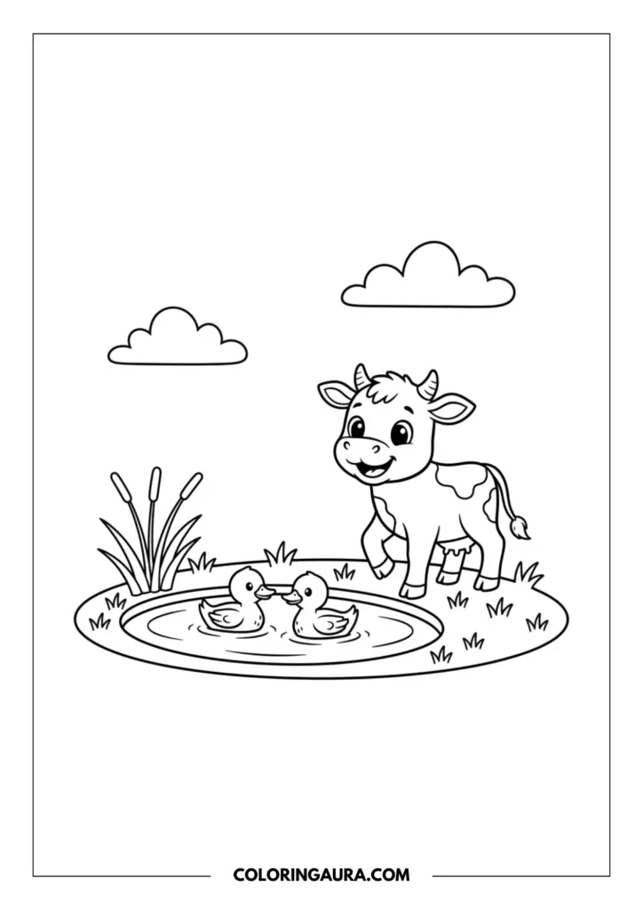 Outline of a sweet baby cow watching two little ducks swimming peacefully in a small pond. Tall reeds and simple fluffy clouds complete this lovely, shading-free line art farm scene.