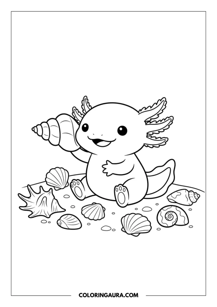 Line art coloring page showing a sitting axolotl holding a large conch shell to its ear surrounded by other sea shells.