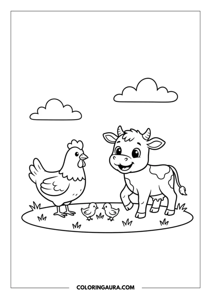 Line art coloring page showing an adorable little cow smiling at a mother hen and her two tiny chicks in a grassy meadow. The clean, crisp vector outlines make this a magical and relaxing coloring adventure.