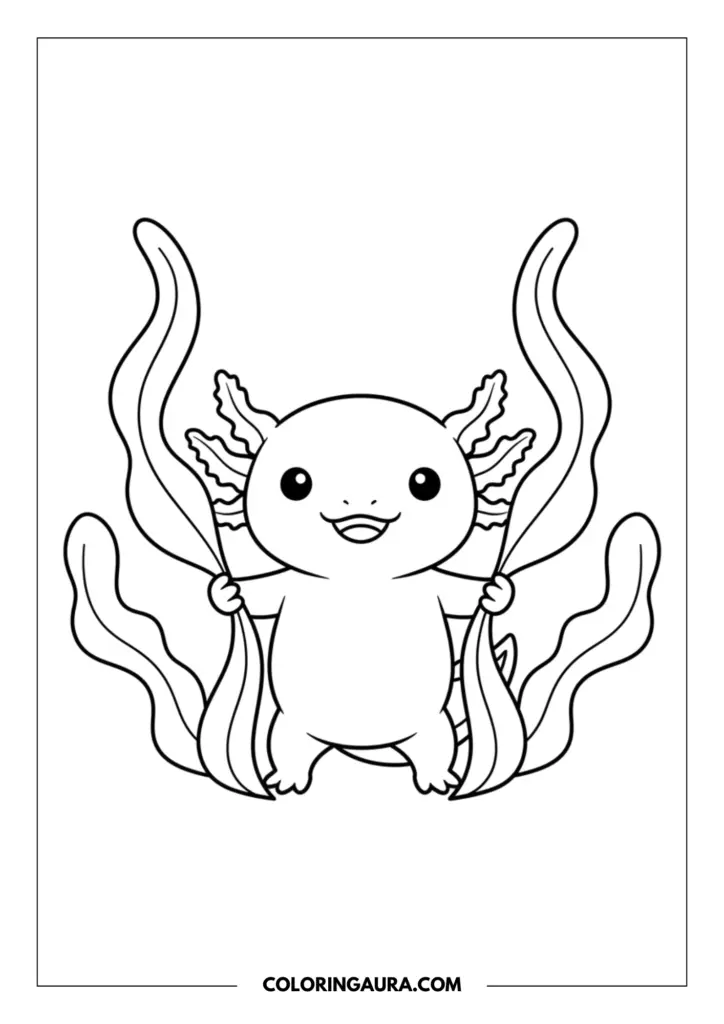 Line art coloring page showing a playful axolotl parting two tall strands of seaweed to peek through with a smile.