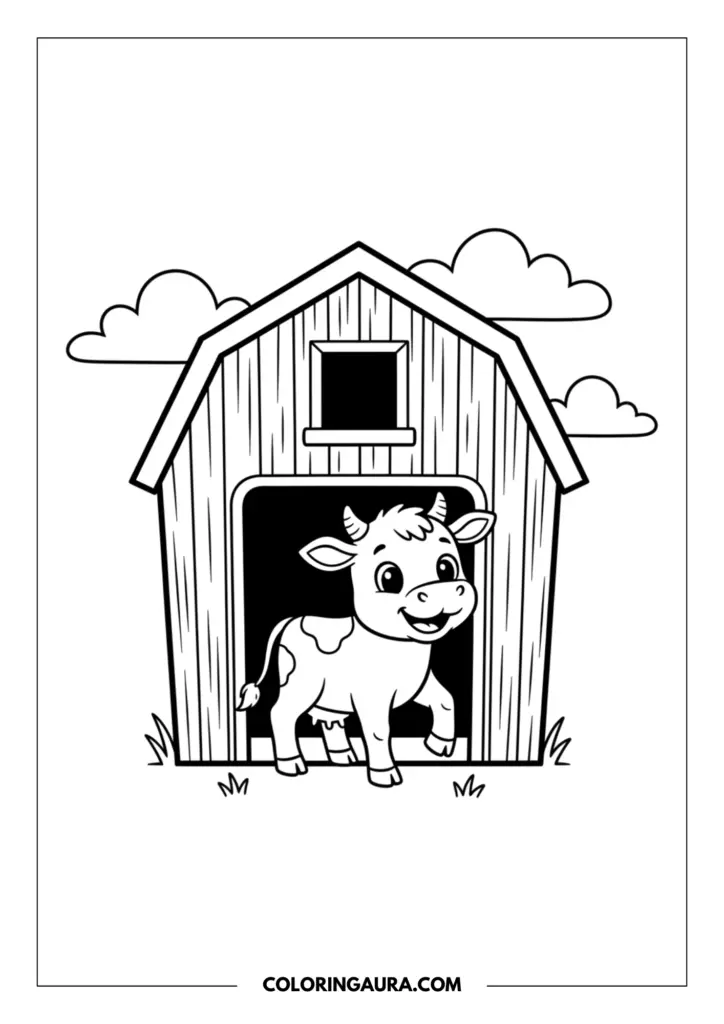 Outline of a cheerful little cow stepping out of a classic wooden barn to begin a grand farm adventure. Beautiful, bold, black-and-white vector lines capture this dreamy beginning perfectly with absolutely no shading.