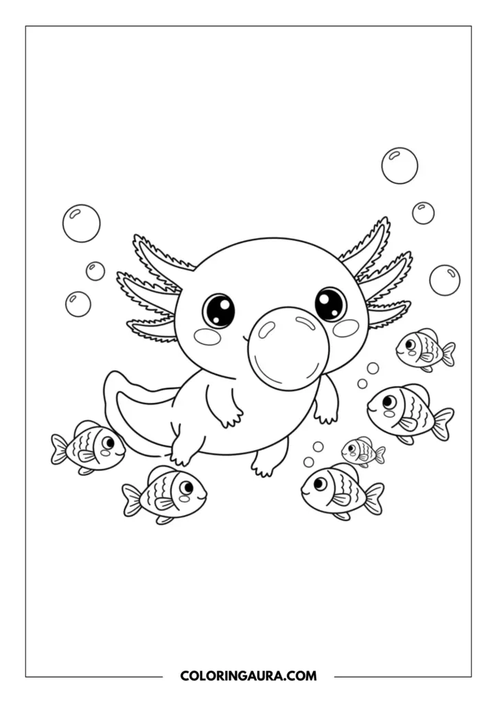 Line art coloring page showing a cute axolotl swimming surrounded by rising bubbles and tiny fish friends.