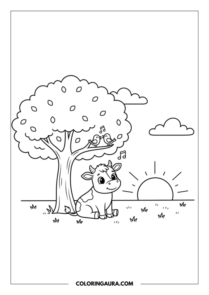 Outline of a sweet baby cow sitting under a large leafy tree while two little birds sing happily on a branch. A beautiful setting sun rests on the horizon in this clean, shading-free line art farm scene perfect for dreaming.
