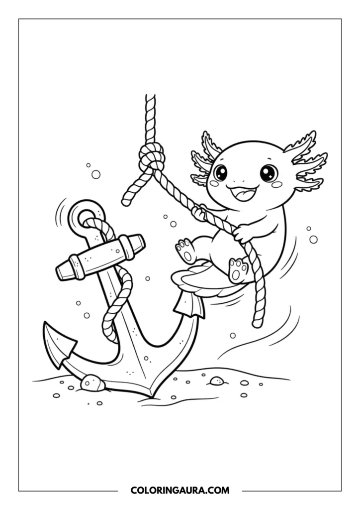 Line art coloring page showing a playful axolotl swinging on the rope of a large anchor resting on the ocean floor.