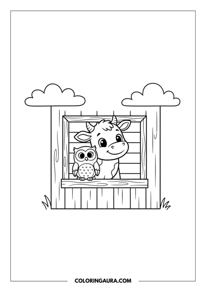 Line art coloring page showing a friendly little cow and a wide-eyed owl peeking out together from a wooden barn window. Fluffy clouds float above in this perfectly clean, black-and-white vector design.