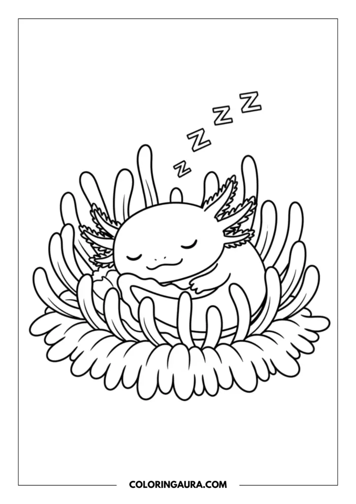 Line art coloring page showing a sleepy axolotl curled up for a nap inside a cozy sea anemone with Zzz marks.