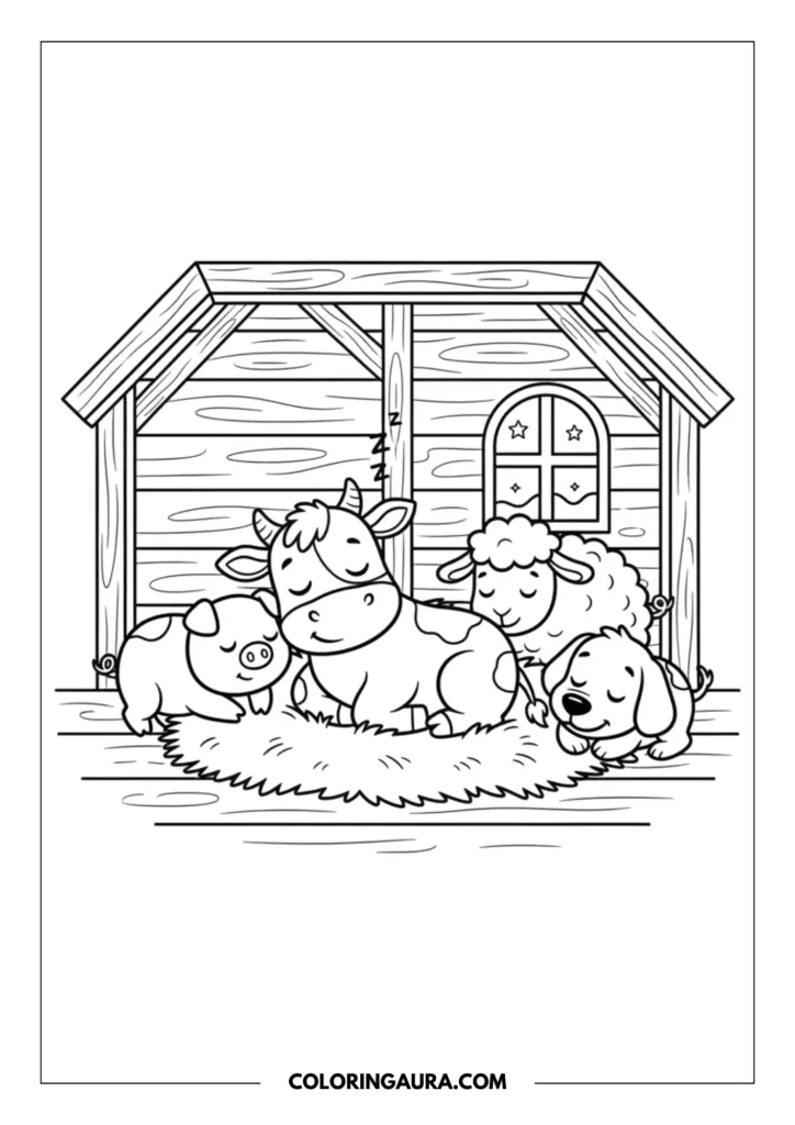 Outline of a peaceful little cow fast asleep on a cozy bed inside the barn, completely surrounded by its dreaming animal friends: a cute pig, a fluffy sheep, and a sweet dog. Clean, bold line art captures this heartwarming and magical night.