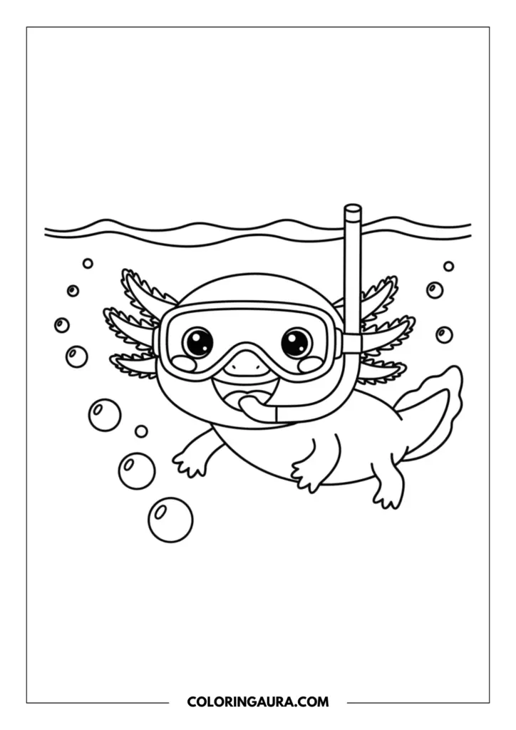 Line art coloring page showing a happy axolotl swimming underwater wearing a snorkel mask and breathing tube surrounded by bubbles.