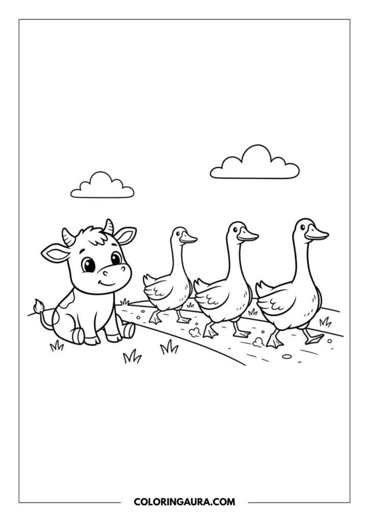 Outline of an adorable cow sitting peacefully on the grass, smiling warmly as three geese waddle past in a row along a gentle dirt path. Clean vector line art style with fluffy clouds in the sky.