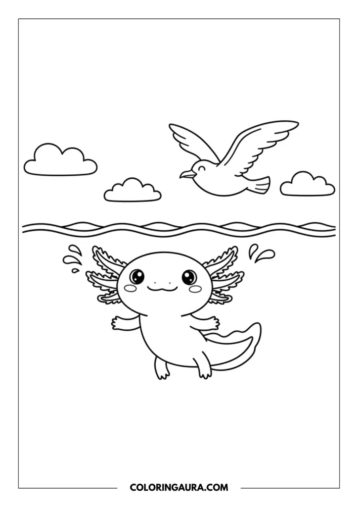 Line art coloring page showing an axolotl poking its head out of the water to look at a flying seagull and clouds.