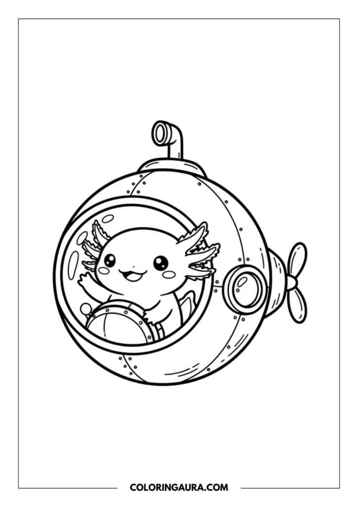 Line art coloring page showing a kawaii axolotl piloting a round bubble-shaped submarine with a propeller and periscope.