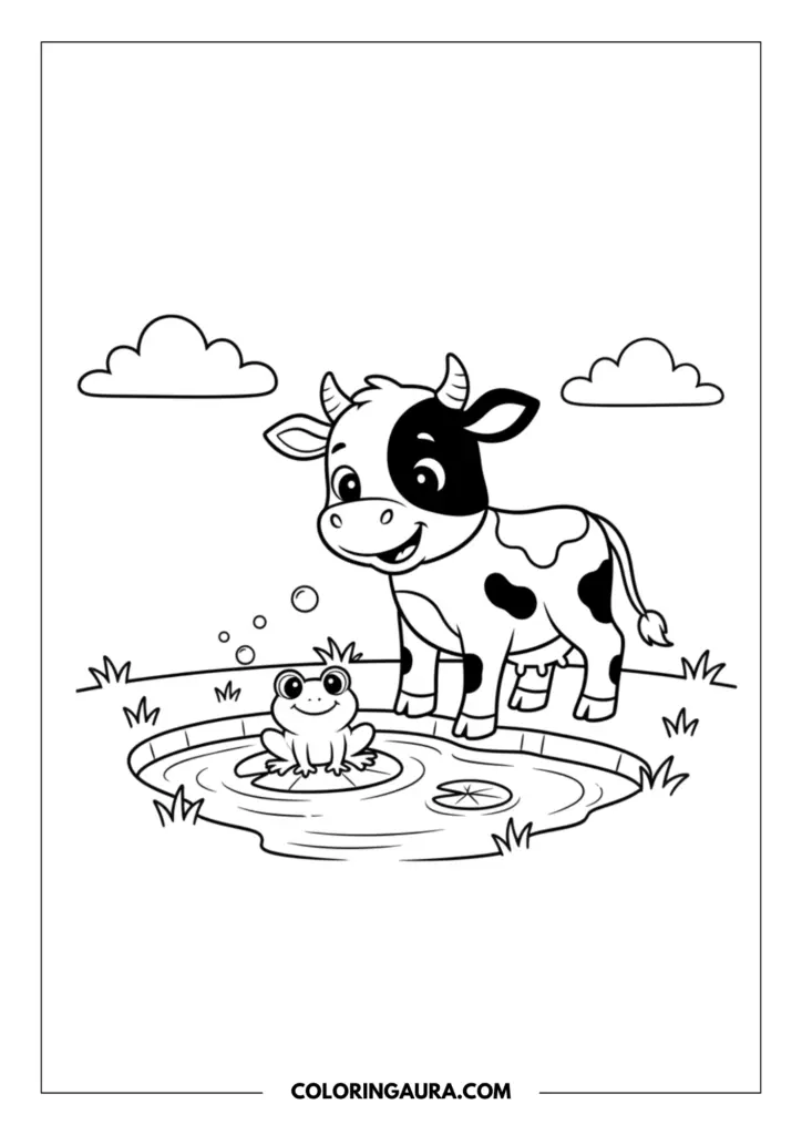 Line art coloring page showing a playful calf leaning over a small pond to greet a little frog sitting on a lily pad. Bubbles float in the air, creating a whimsical scene with bold black-and-white lines.