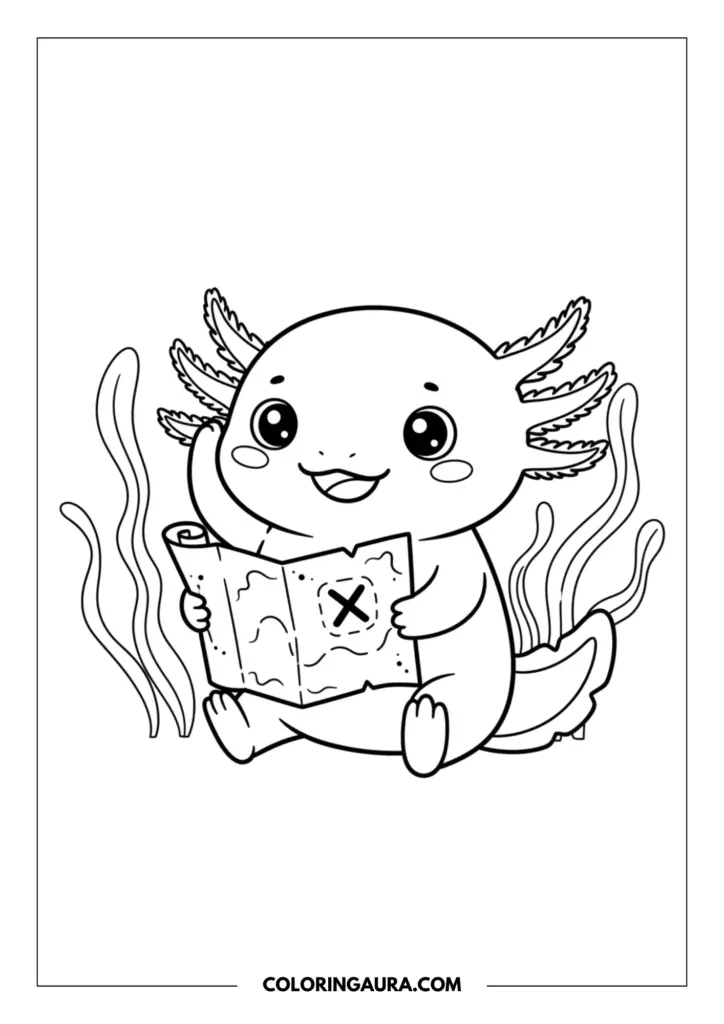 Line art coloring page showing a sitting axolotl holding a treasure map with a marked X, looking curious amidst seaweed.