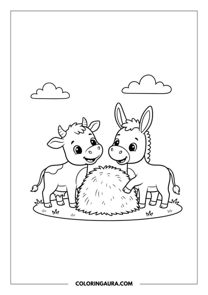Outline of a sweet little cow and a gentle donkey smiling together as they share a mound of hay in a quiet meadow. The sky has dreamy, simple clouds in this clean, shading-free line art design.
