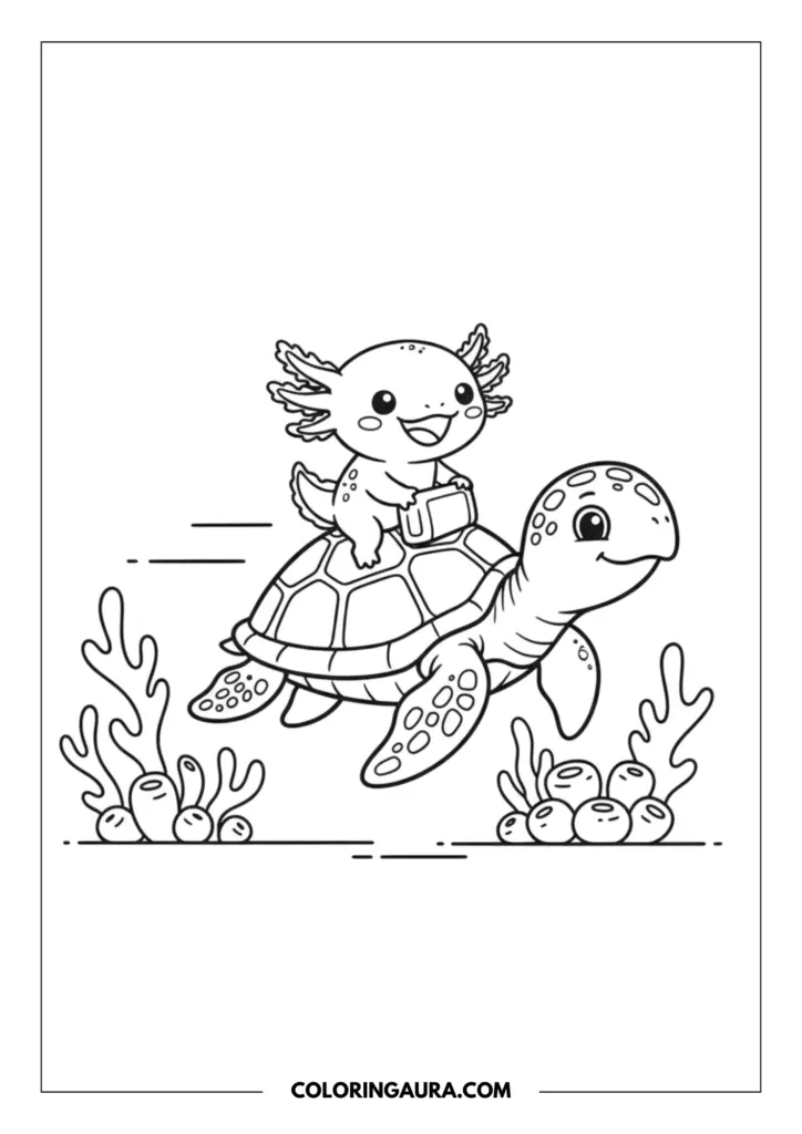 Line art coloring page showing a happy axolotl riding on the shell of a swimming sea turtle past coral and seaweed.