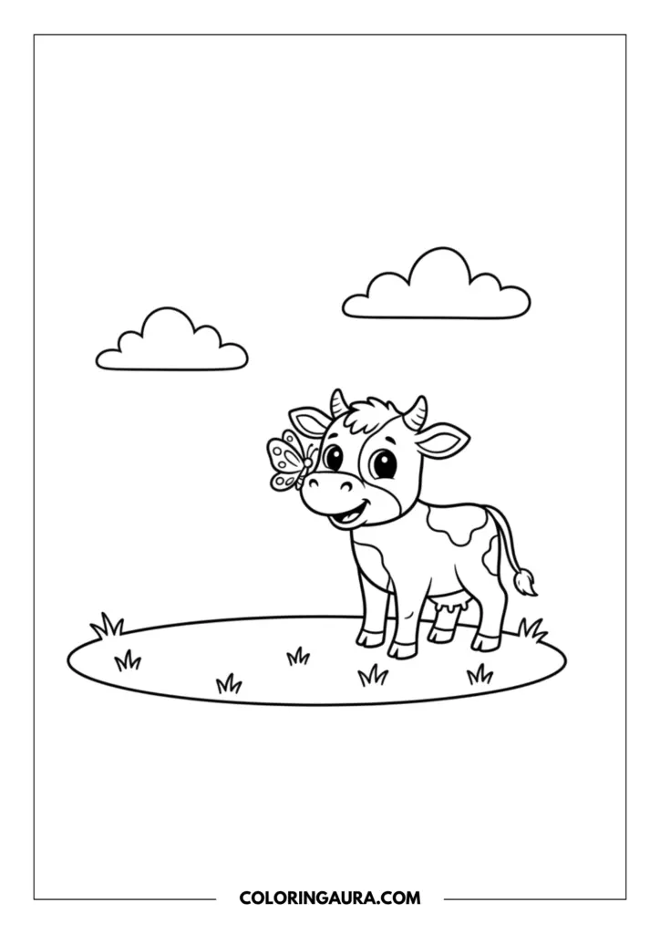 Line art coloring page showing an adorable little cow with a beautifully detailed butterfly resting gently on its nose. Set in a grassy meadow with fluffy clouds above, the scene features clean, bold outlines perfect for a relaxing and magical coloring journey.