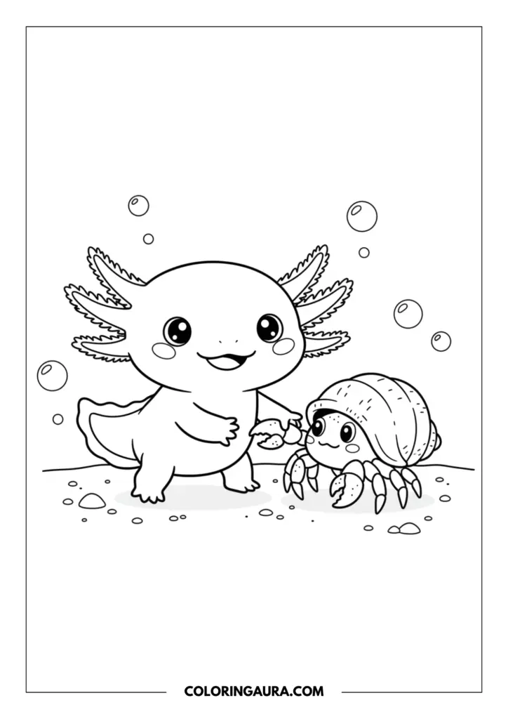 Line art coloring page showing a cute axolotl shaking hands with a shy hermit crab peeking out of its shell.