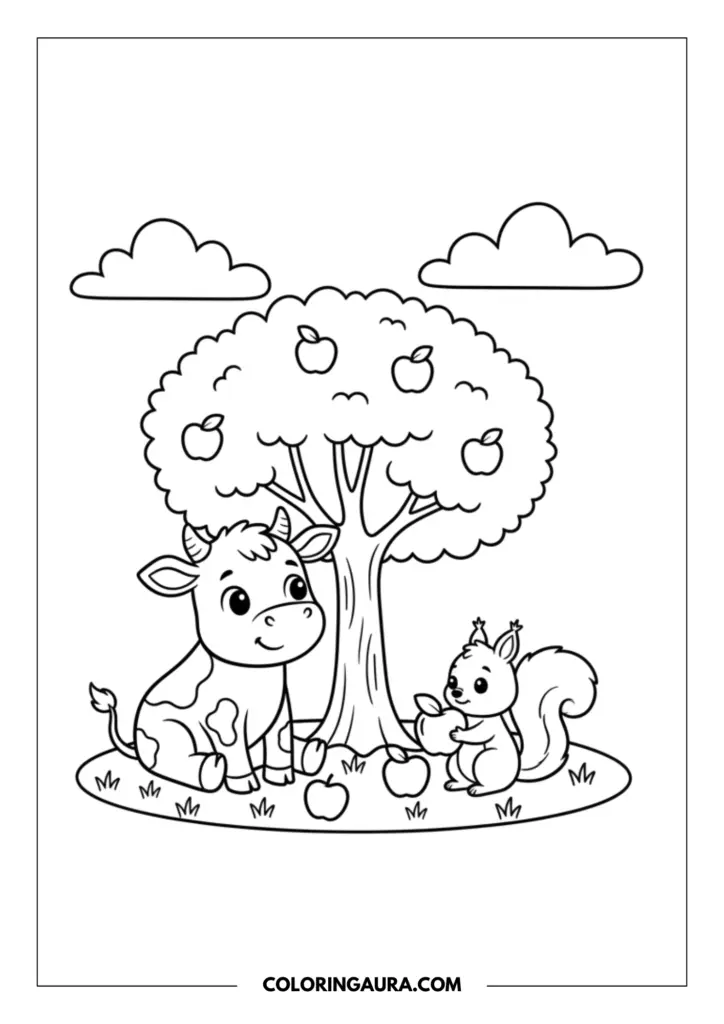 Outline of a cute calf resting under a large, leafy apple tree while making friends with a cheerful squirrel holding a fallen apple. The charming farm scene is drawn with clean, simple black-and-white lines for an inspiring coloring experience.