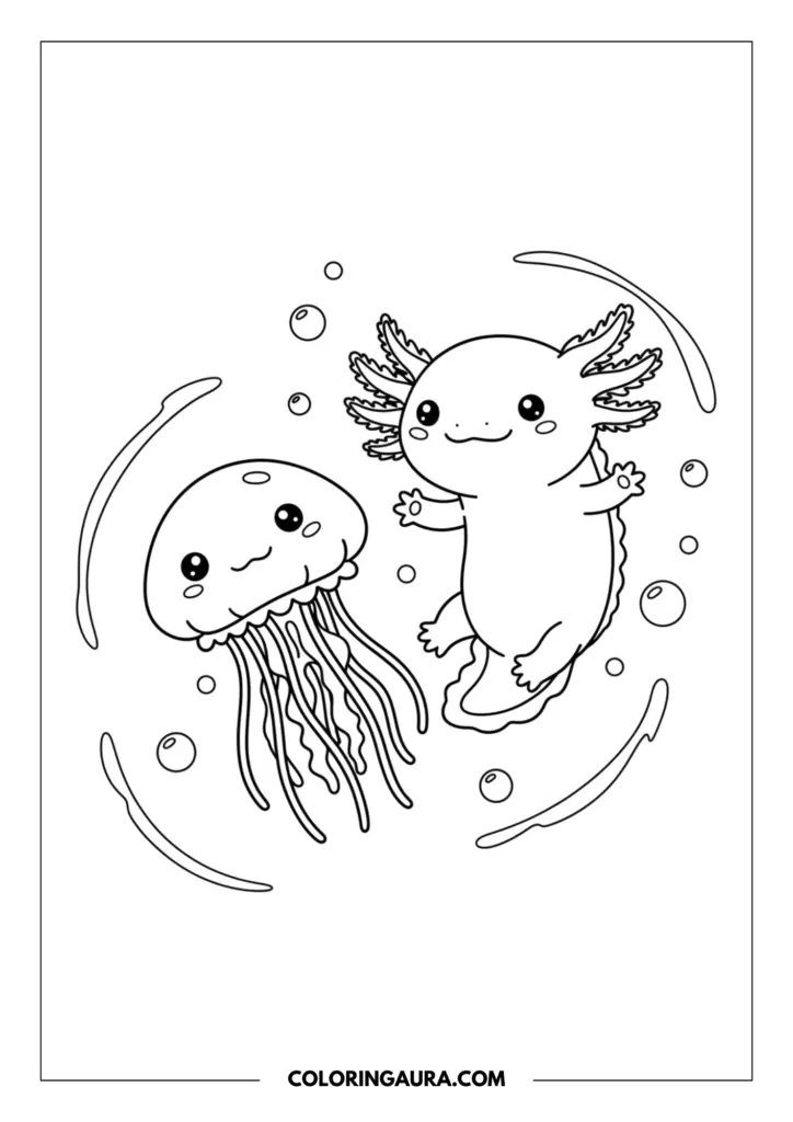 Line art coloring page showing a floating axolotl smiling next to a cute jellyfish surrounded by bubbles.