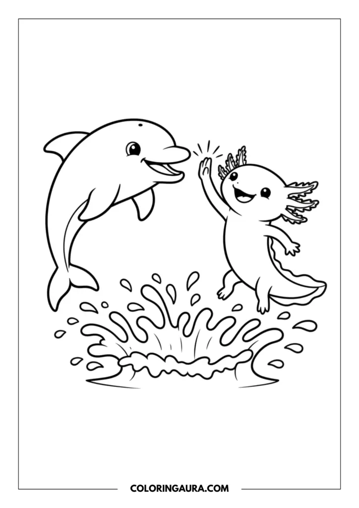 Line art coloring page showing a playful axolotl jumping up to high-five a dolphin amidst a splash of water.
