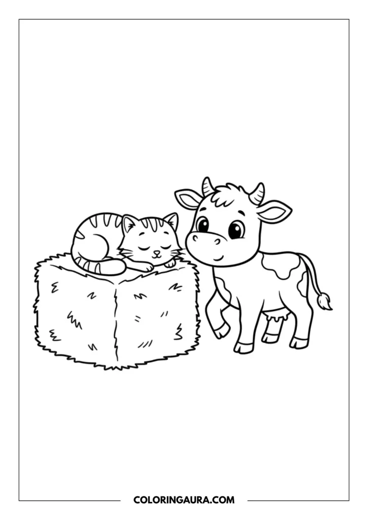 Line art coloring page showing a sweet little cow looking affectionately at a tiny, striped tabby cat sleeping peacefully on top of a square hay bale. Clean, bold outlines create a dreamy, shading-free farm scene.