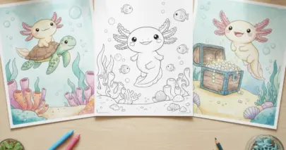 Line art coloring page showing a happy axolotl swimming with fish, displayed on a wooden desk between colored examples of a turtle ride and a treasure chest discovery.