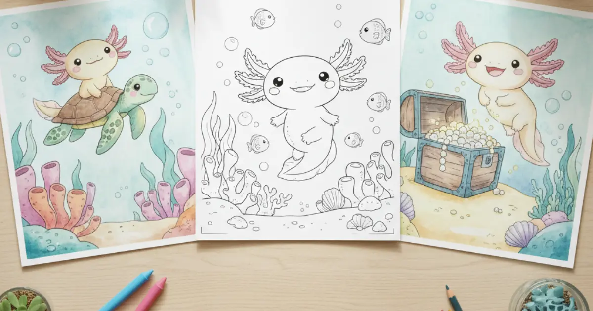 Line art coloring page showing a happy axolotl swimming with fish, displayed on a wooden desk between colored examples of a turtle ride and a treasure chest discovery.