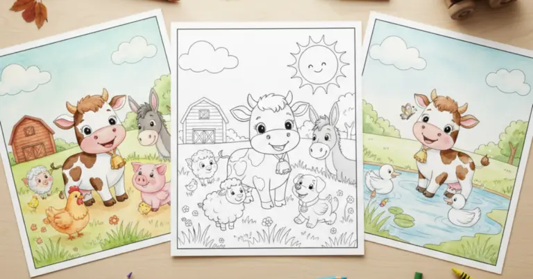Line art coloring page showing a happy little cow and its farm friends in the center, resting on a warm wooden desk alongside two beautifully colored watercolor examples. Scattered colored pencils, crayons, autumn leaves, and a little wooden toy car complete this dreamy, inspiring creative setting, inviting you to bring these pages to life.