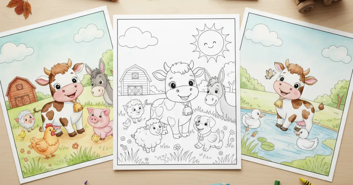 Line art coloring page showing a happy little cow and its farm friends in the center, resting on a warm wooden desk alongside two beautifully colored watercolor examples. Scattered colored pencils, crayons, autumn leaves, and a little wooden toy car complete this dreamy, inspiring creative setting, inviting you to bring these pages to life.
