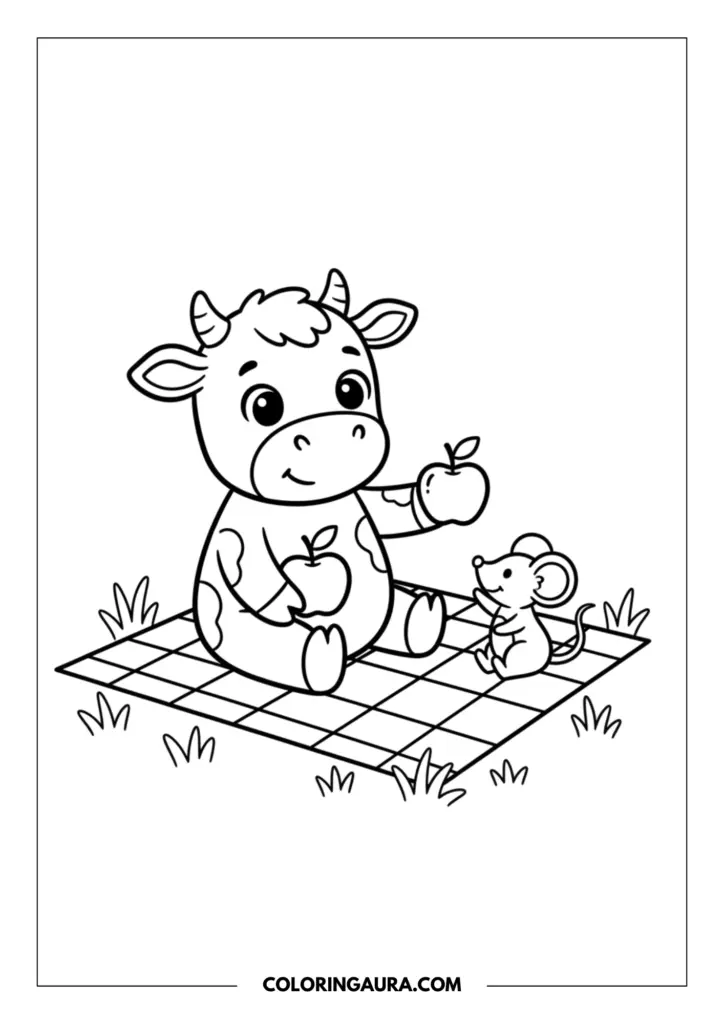 Line art coloring page showing a cute cartoon baby cow sitting on a checkered picnic blanket holding an apple, with another apple resting on its lap. A tiny, friendly mouse sits next to the cow looking up. The adorable scene features small tufts of grass and is drawn in a clean, bold outline style.