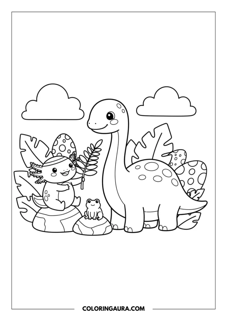 Line art coloring page showing a cute axolotl smiling and holding a giant fern leaf to feed a friendly, chubby baby brontosaurus. A tiny frog sits peacefully on a round rock nearby. The background is filled with big polka-dot dinosaur eggs, large tropical leaves, and fluffy clouds. Clean, thick outlines in a simple kawaii style.