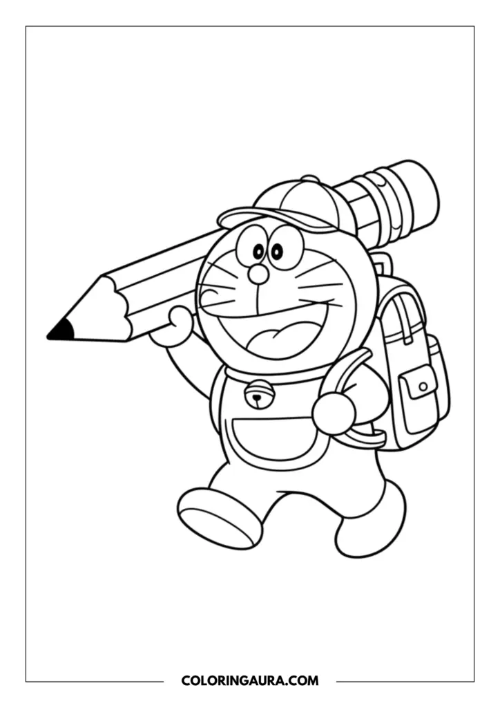 Line art coloring page showing Doraemon walking cheerfully while carrying a giant pencil over his shoulder and wearing a cute backpack. Clean, thick outlines, no shading, simple vector style.