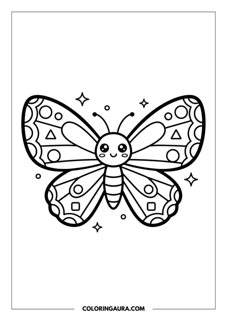 Line art coloring page showing a cute kawaii butterfly with large twinkling eyes, a smiling face, and decorative patterns on its wings, surrounded by floating stars and tiny bubbles.