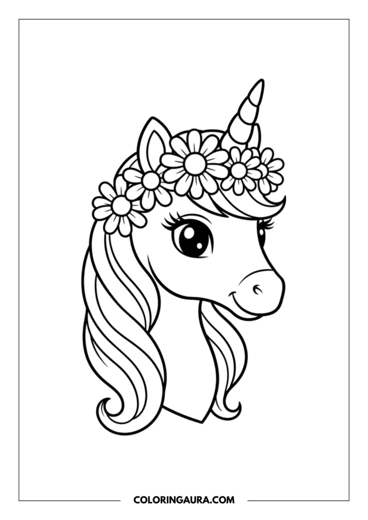 Line art coloring page showing a close-up portrait of a beautiful unicorn with a flowing mane and a delicate crown of blooming flowers.