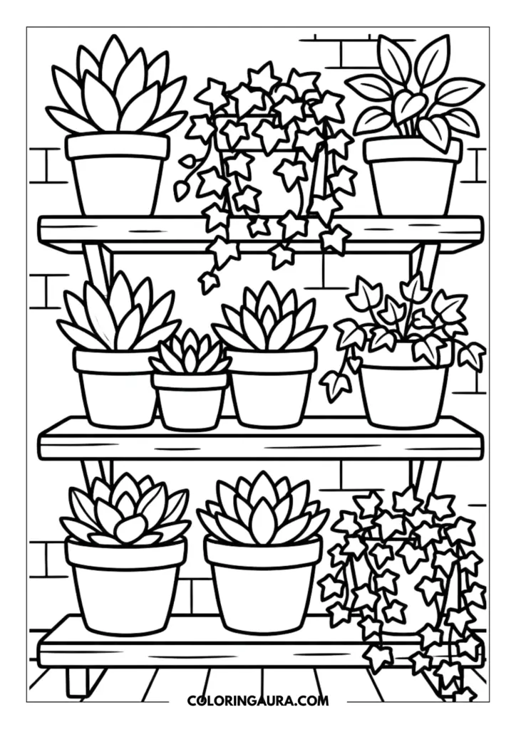 Line art coloring page showing a three-tier wooden shelf filled with various potted succulents and trailing ivy plants against a simple brick wall background with bold outlines.