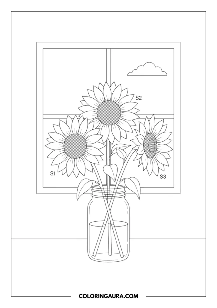 Line art coloring page showing three large, cheerful sunflowers with textured centers in a clear mason jar, placed on a simple tabletop in front of a window overlooking a single cloud.