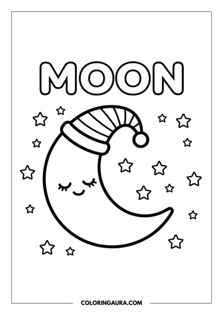 Line art coloring page showing a peaceful crescent moon wearing a striped nightcap and a gentle smile, surrounded by twinkling stars and the word MOON in bubble letters.